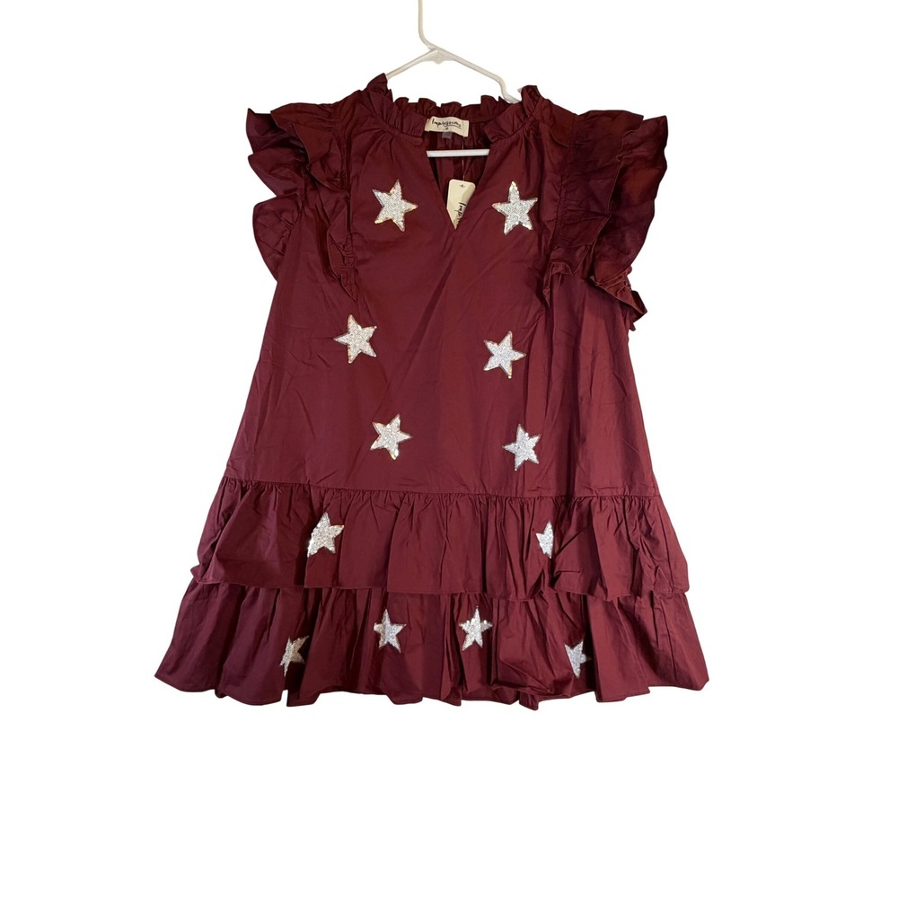 Impressions Burgundy Sequin Star Flutter Sleeve Tiered Mini Dress Womens 2X